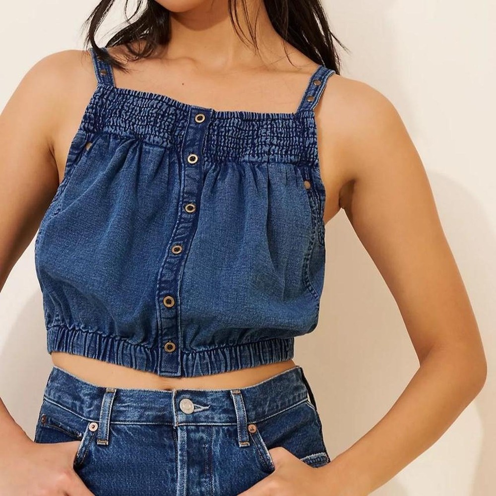Pilcro Chambray Bubble Tank Women's Size Large Cotton Blue Button-Front Anthro